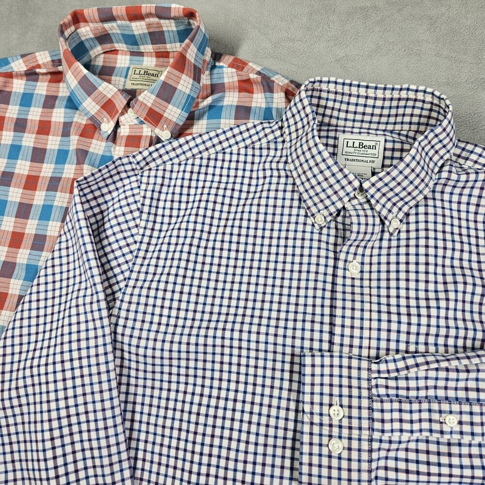 LL Bean Shirt Mens Med Button Down Traditional Fit Plaid Checked Red Blue Office